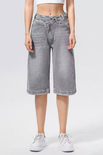 KATCH ME Classy Mid-Rise Asymmetrical Button Loose Straight Bermuda Shorts